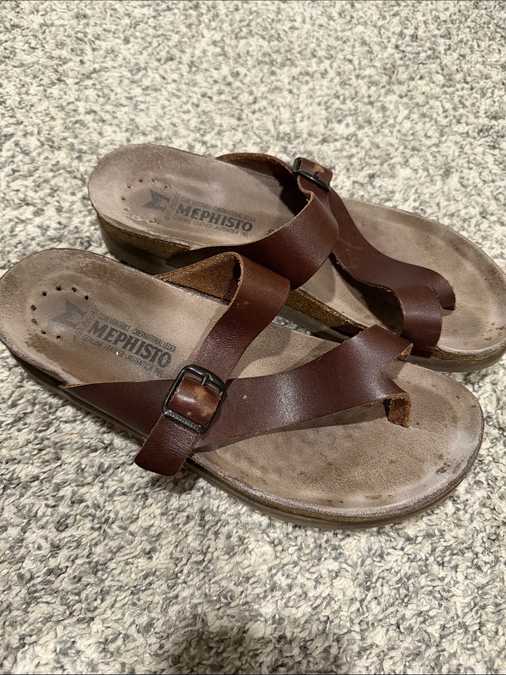 Mephisto Brown Leather Buckle Thong Sandals
